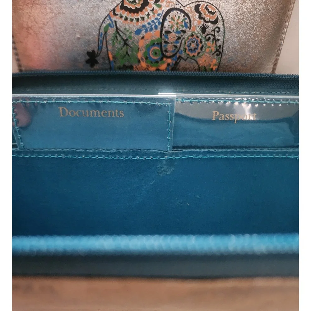 Metallic Bronze Elephant Travel Wallet and Pouch Set Passport Organizer Teal